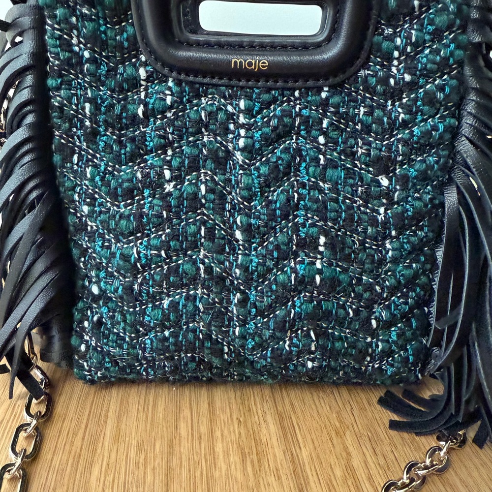 Maje Black and Green Tweed Fringe Bag